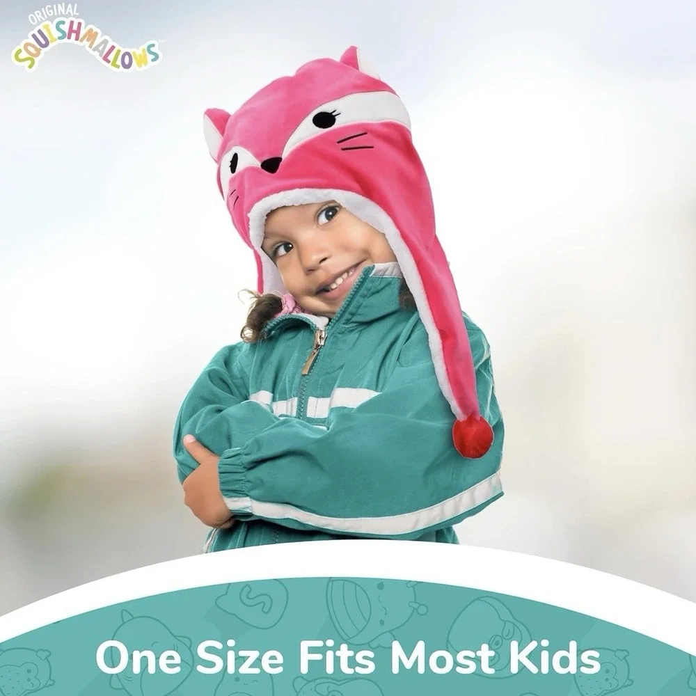 Girls Squishmallows Pink FIFI Fox Embroidered Face‎ Winter Beanie Knit Cap Hat